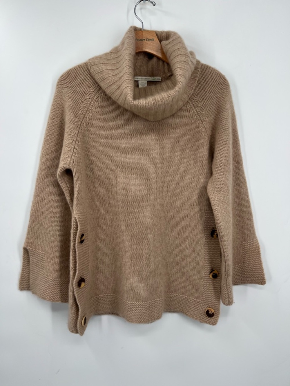 White + Warren Camel Tan 100% Cashmere Fold Over Turtleneck Sweater Side Button